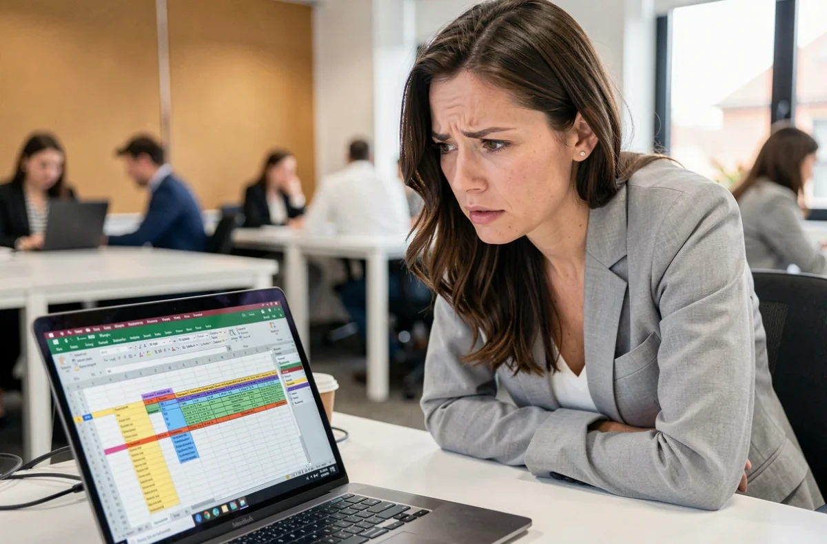 Femme concentrée devant un tableur Excel dans un bureau moderne, illustrant une erreur de moyenne pondérée