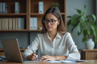 Femme en blouse et lunettes travaillant sur son ordinateur