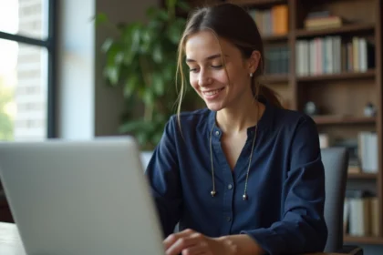 Jeune femme au bureau travaillant sur son ordinateur portable