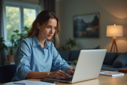 Femme au bureau regardant un email suspect
