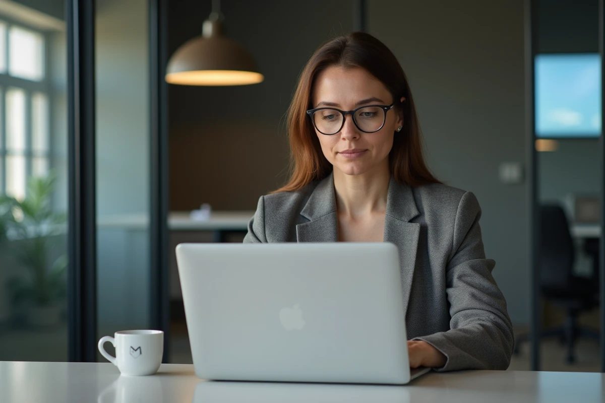 Femme d'âge moyen au bureau vérifiant ses emails avec Etna webmail