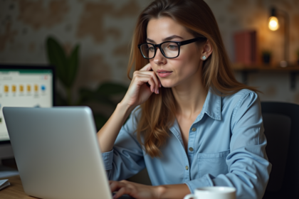 Jeune femme au bureau utilisant un ordinateur portable
