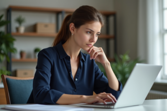 Femme au bureau scandinave utilisant un ordinateur portable