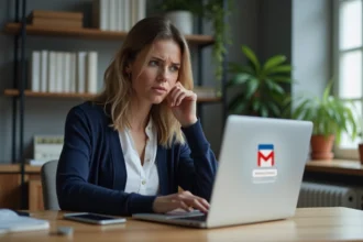 Femme concentrée travaillant sur son ordinateur dans un bureau moderne