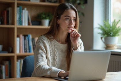 Jeune femme au bureau avec ordinateur portable