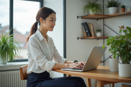 Jeune femme professionnelle travaillant sur son ordinateur dans un bureau lumineux
