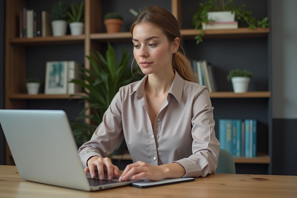Jeune femme au bureau utilisant la touche Shift