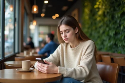 Jeune femme assise au cafe regardant son smartphone