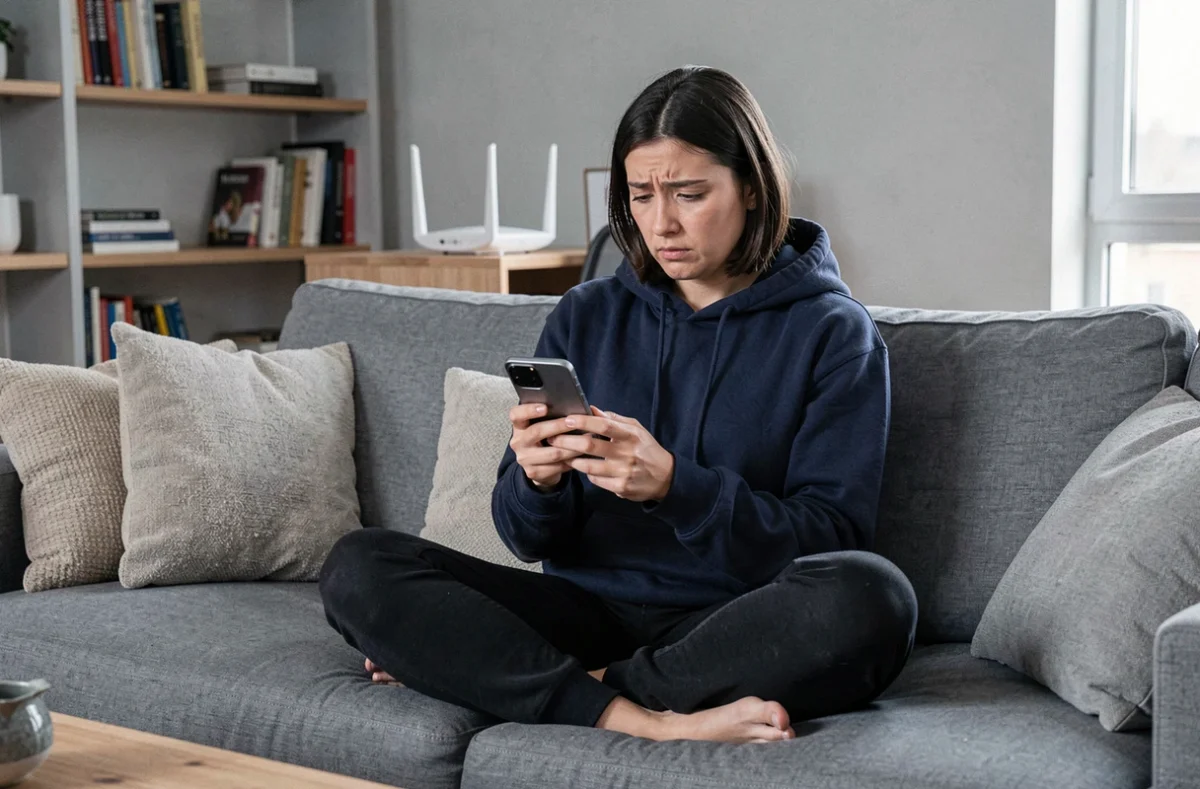 Femme assise sur un canapé consultant son téléphone Android connecté au Wi-Fi mais sans accès Internet dans un salon moderne