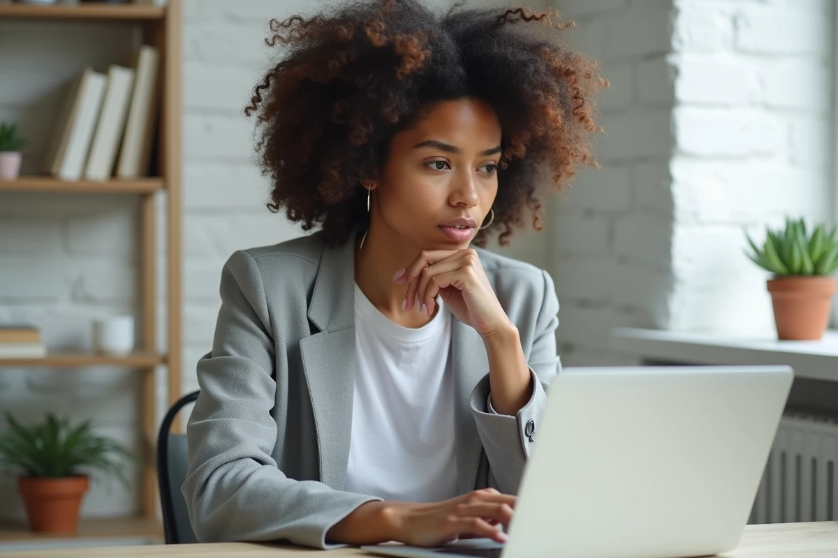 Femme interrogeant une interface de chatbot IA sur les limites de contenu depuis son bureau à domicile
