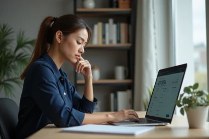 Femme utilisant un compteur de mots en ligne sécurisé sur un ordinateur portable dans un bureau minimaliste