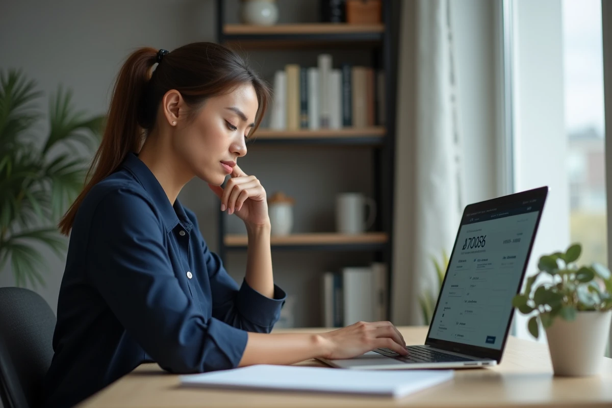Femme utilisant un compteur de mots en ligne sécurisé sur un ordinateur portable dans un bureau minimaliste