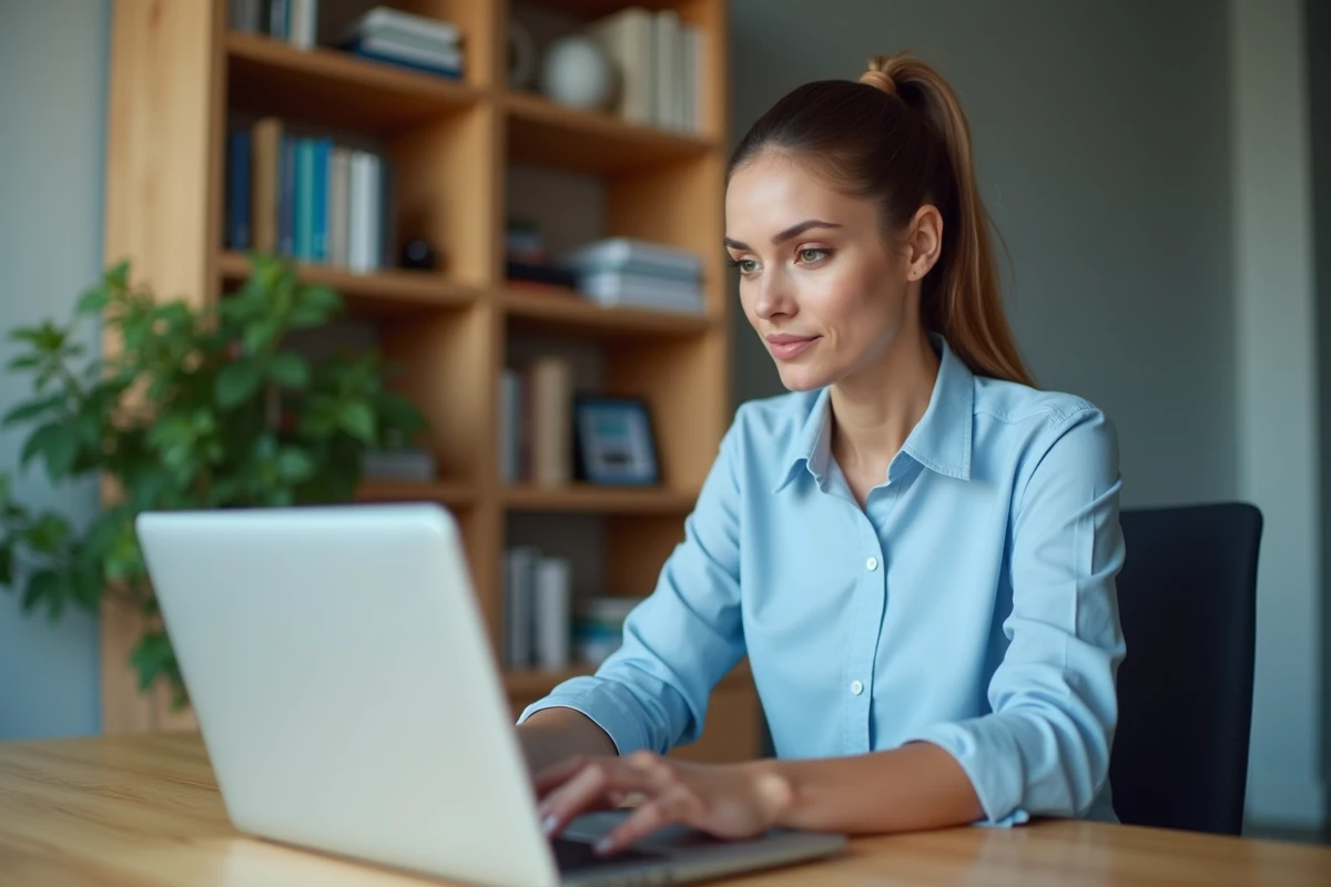 Femme professionnelle consultant son webmail académique sur un ordinateur portable dans un bureau moderne