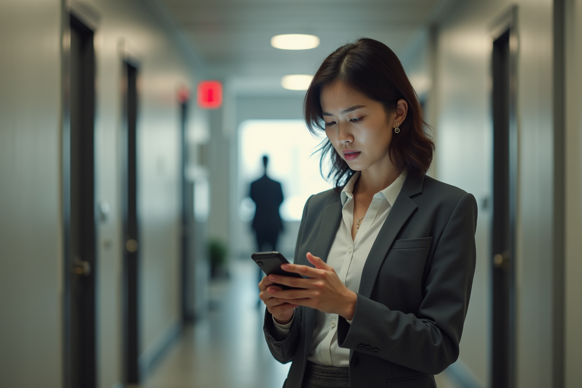 Femme d affaires regardant son smartphone dans un couloir de bureau