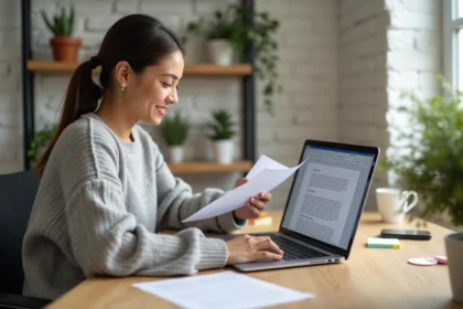 Femme travaillant sur un document PDF converti en Word sur un bureau en bois moderne avec laptop ouvert