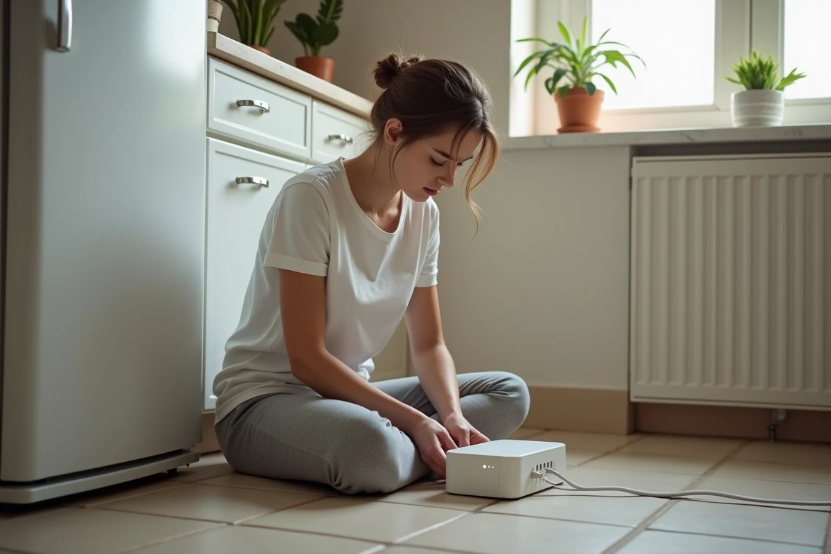 Jeune femme débranchant une box internet dans la cuisine