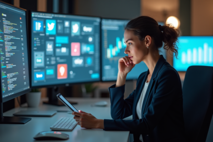 Femme concentrée analysant des données sur une tablette