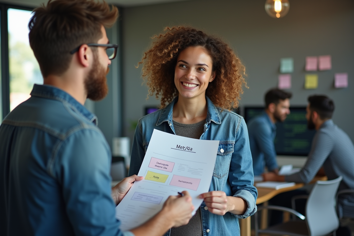 Femme discutant avec un collègue dans une agence créative