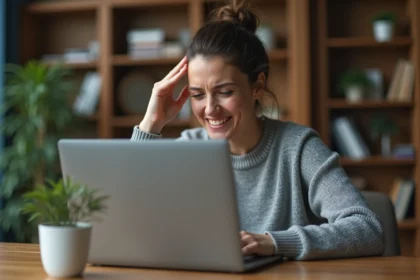 Femme frustrée devant un écran d'ordinateur affichant une erreur de connexion à la messagerie ia87