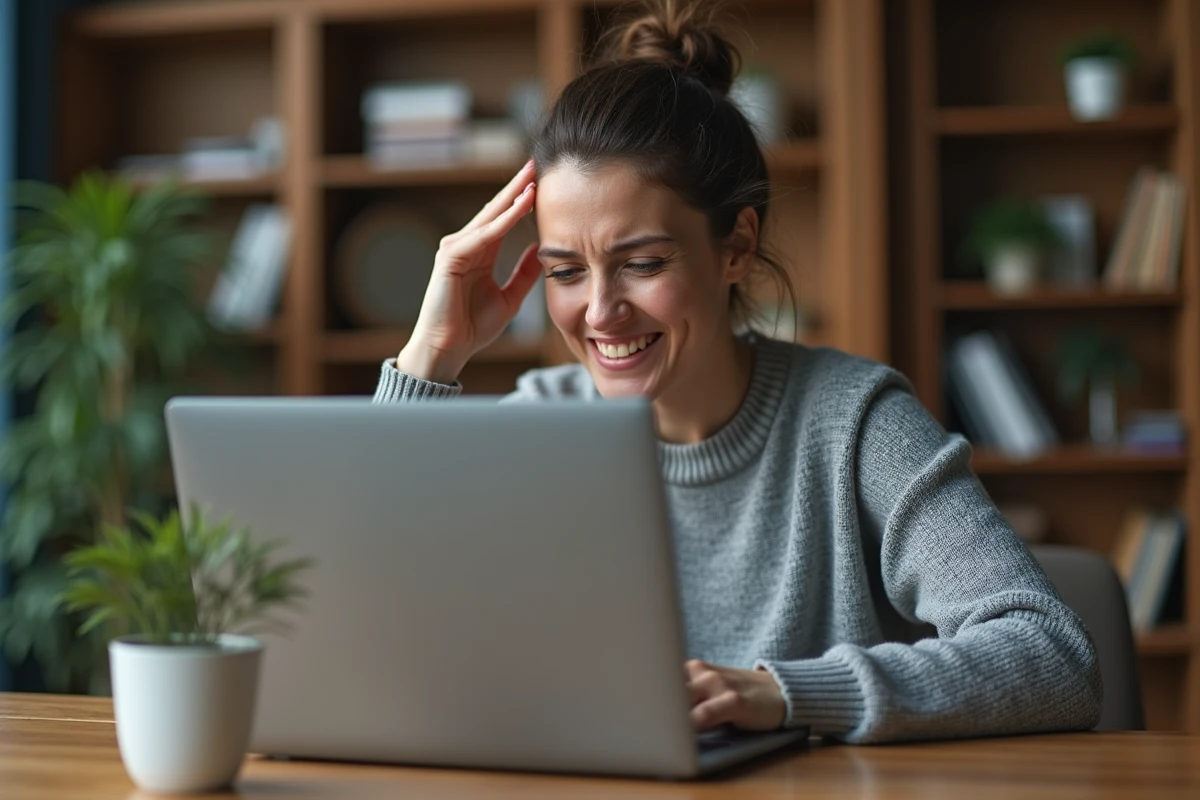 Femme frustrée devant un écran d'ordinateur affichant une erreur de connexion à la messagerie ia87