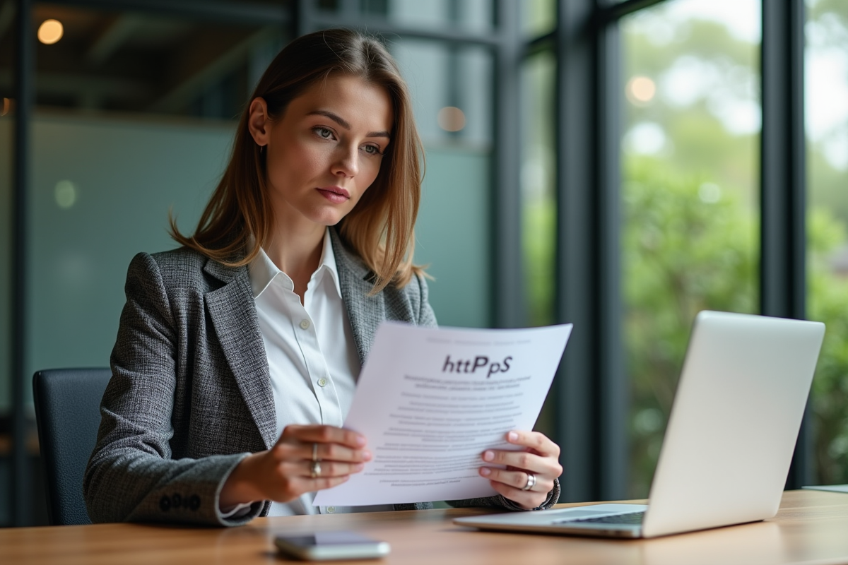 Femme d affaires examinant un certificat HTTPS lors d une conference