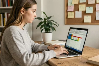 Jeune femme travaillant sur un tableau Excel de notes scolaires avec formule de moyenne pondérée sur un ordinateur portable