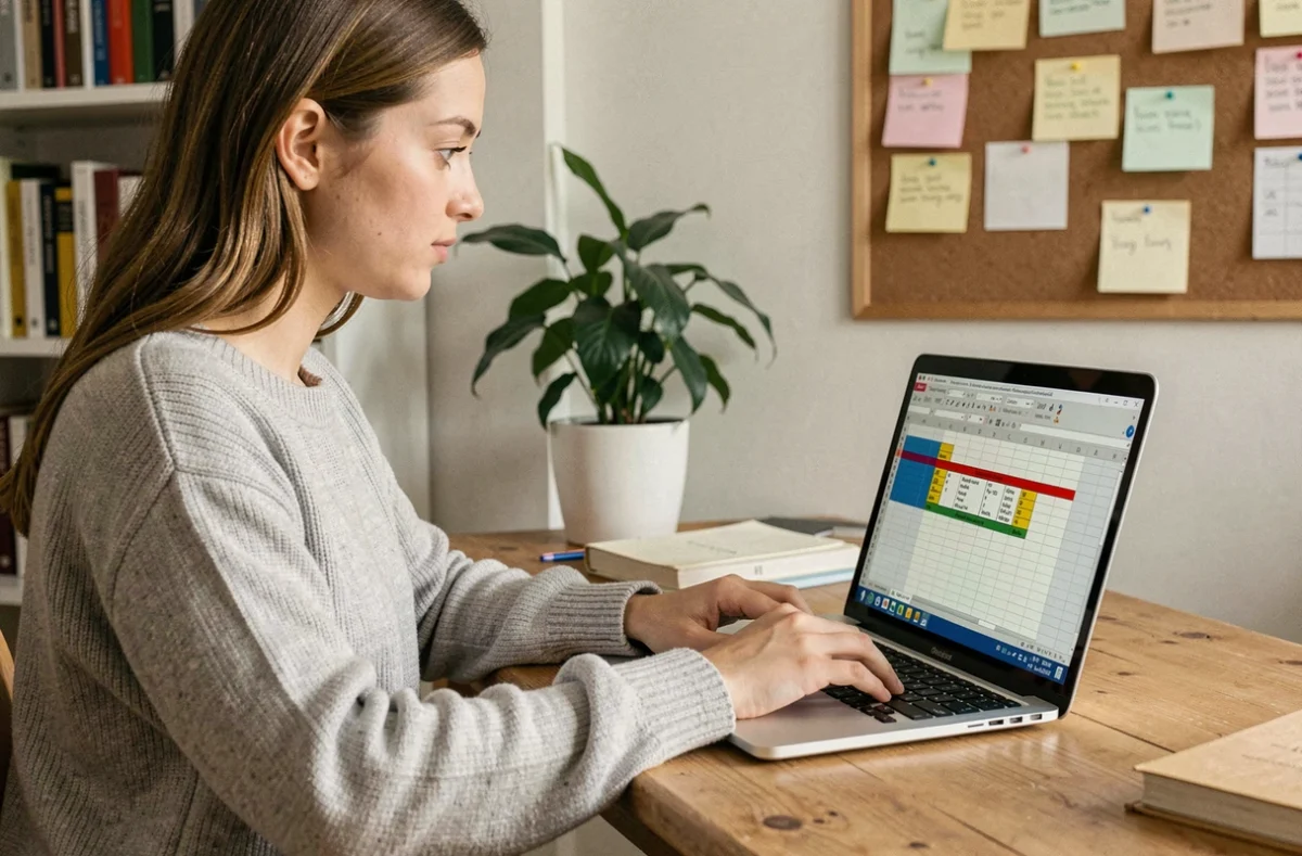 Jeune femme travaillant sur un tableau Excel de notes scolaires avec formule de moyenne pondérée sur un ordinateur portable