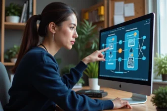 Femme expliquant la différence entre internet et le web devant un écran d'ordinateur avec des diagrammes réseau