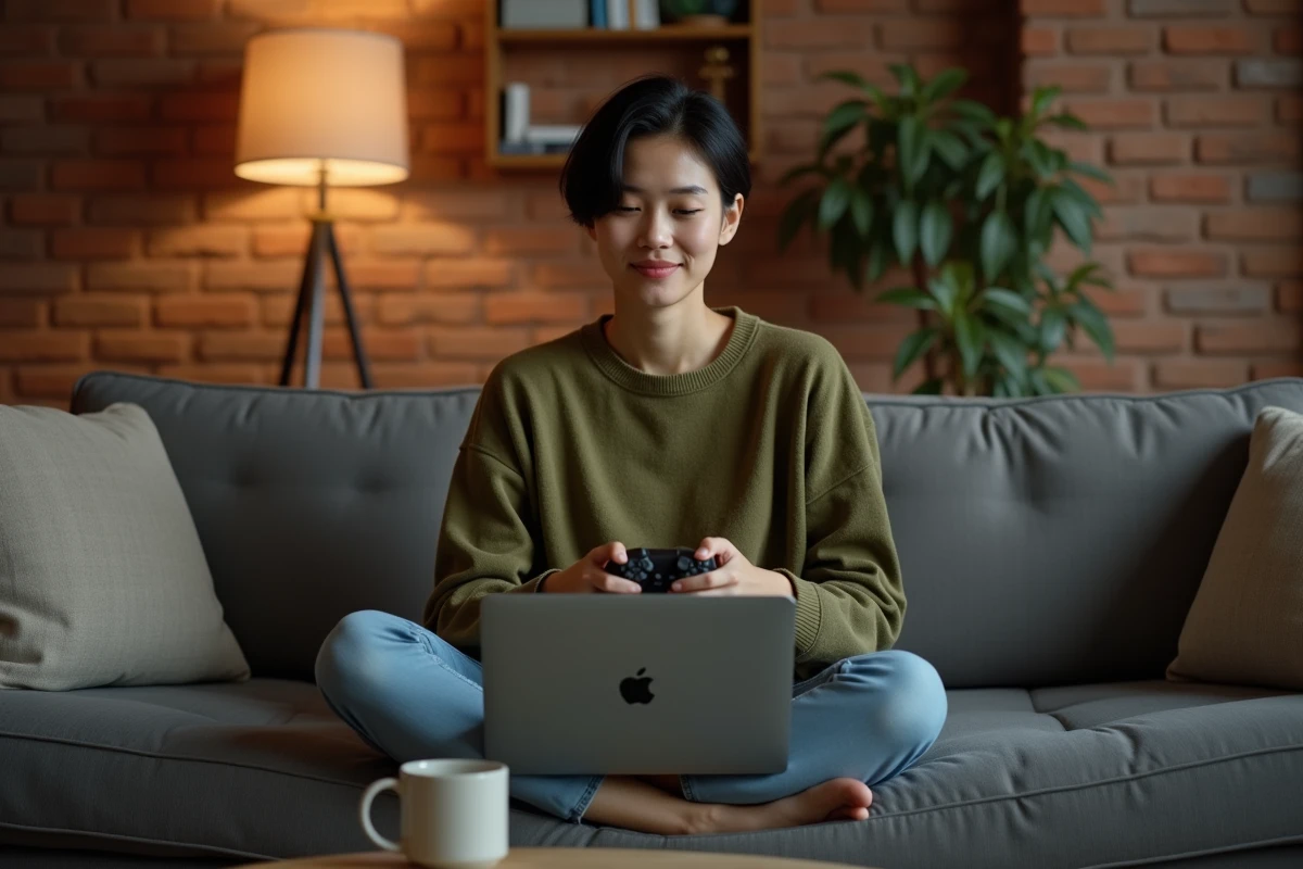Femme jouant de manière décontractée sur un MacBook Air M1 posé sur ses genoux dans un salon cosy avec canapé gris et mur en brique