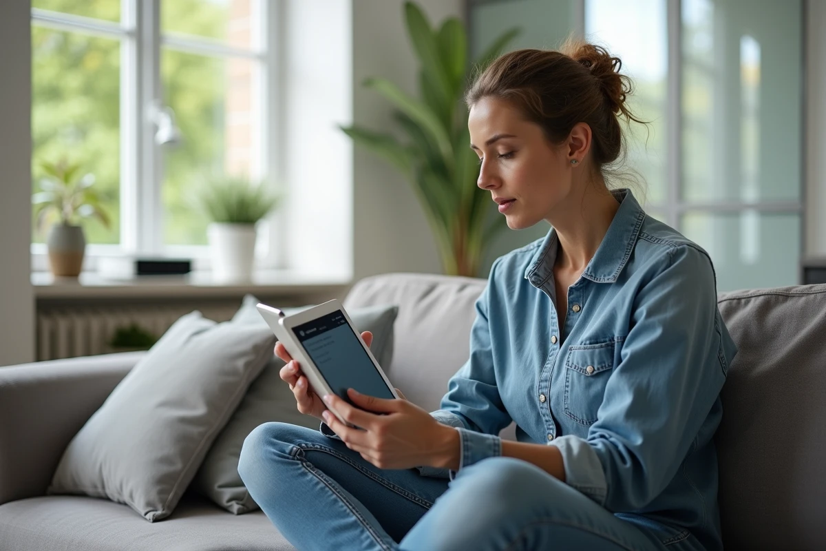 Femme modifiant les paramètres réseau et l'adresse IP de sa box depuis une tablette dans son salon