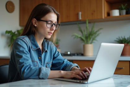 Jeune femme en cuisine utilisant un ordinateur portable