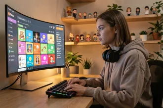 Jeune femme concentrée devant un écran Discord affichant des emojis personnalisés dans un bureau home office moderne