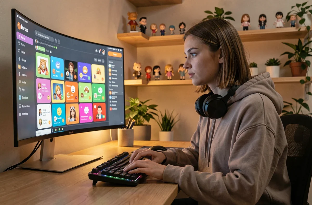 Jeune femme concentrée devant un écran Discord affichant des emojis personnalisés dans un bureau home office moderne