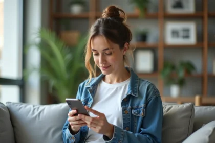 Femme détendue organise photos sur smartphone dans salon