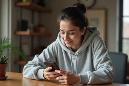 Jeune femme consultant les paramètres de sonnerie sur son iPhone à son bureau pour personnaliser sa sonnerie