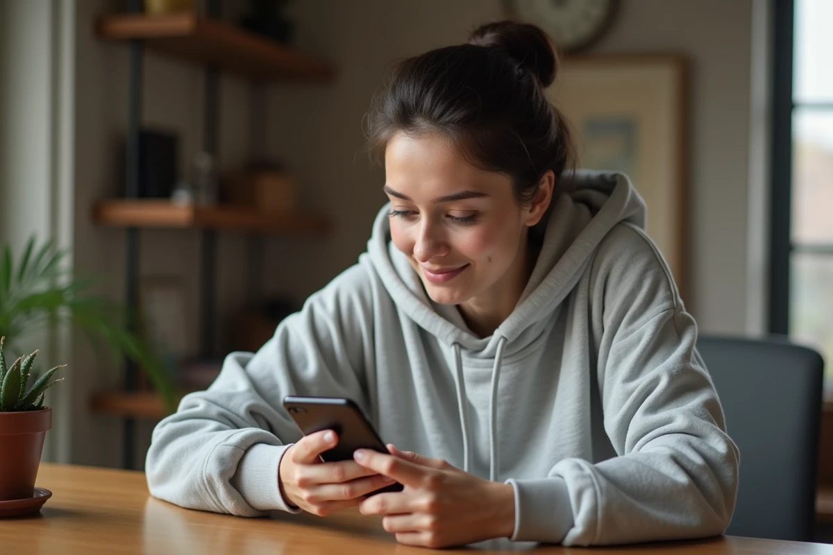Jeune femme consultant les paramètres de sonnerie sur son iPhone à son bureau pour personnaliser sa sonnerie