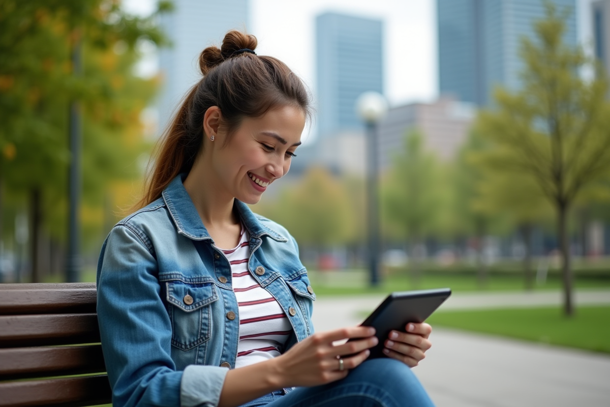 Femme assise dans un parc lisant des données sur une tablette