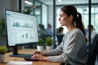 Femme configurant les paramètres de partage d'un fichier Excel sur un grand écran dans un bureau moderne