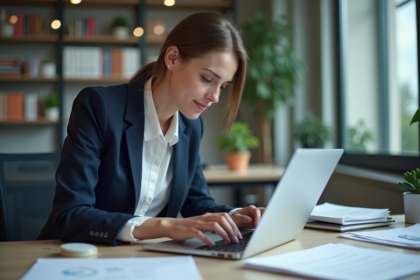 Jeune femme professionnelle compare logiciels PDF sur son ordinateur