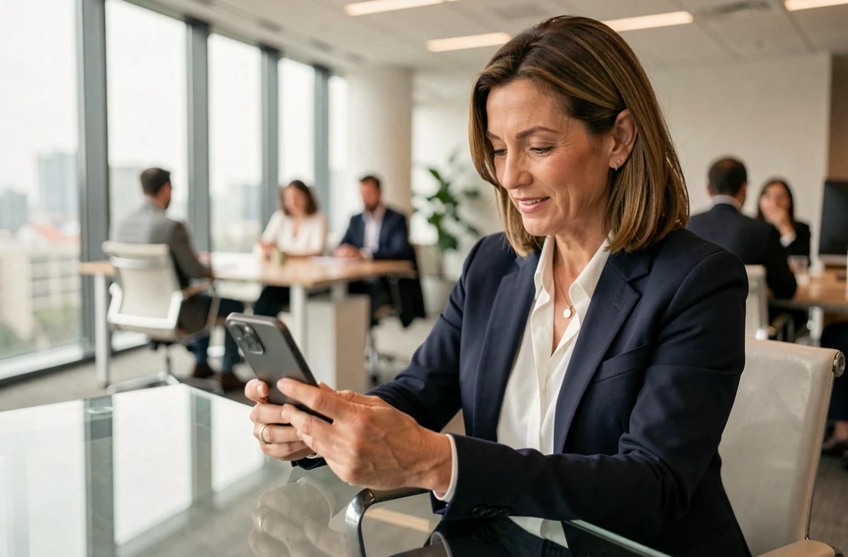 Femme professionnelle utilisant un smartphone premium au bureau pour des tâches professionnelles
