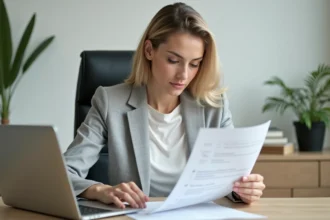 Femme professionnelle utilisant un logiciel d'aide à la rédaction de CV sur ordinateur portable dans un bureau moderne