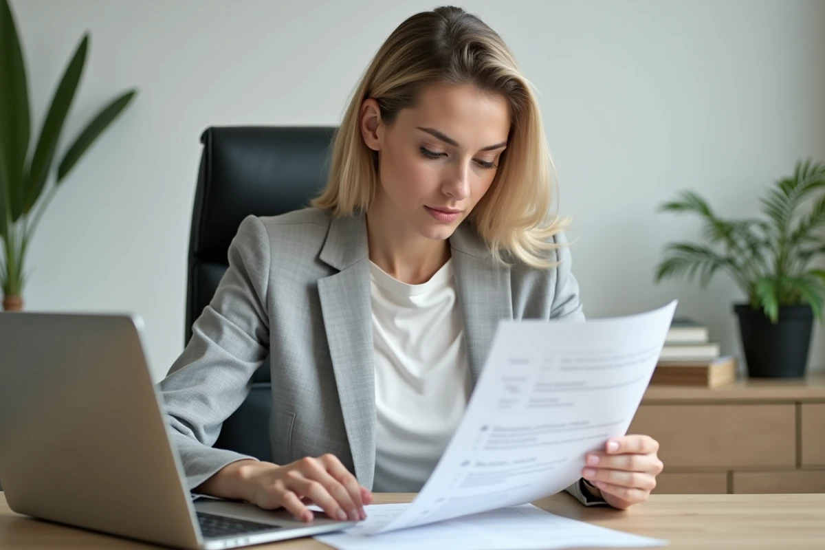 Femme professionnelle utilisant un logiciel d'aide à la rédaction de CV sur ordinateur portable dans un bureau moderne