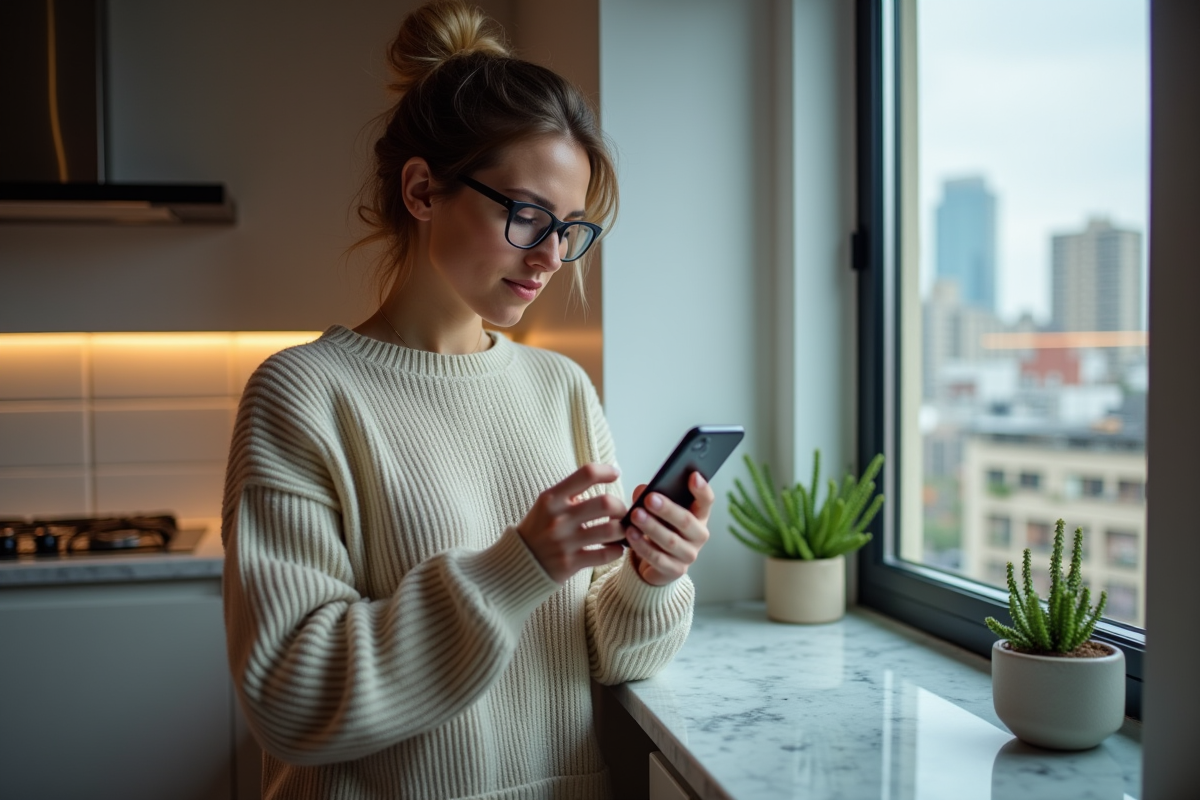 Femme ajustant les réglages WiFi avec son smartphone dans la cuisine