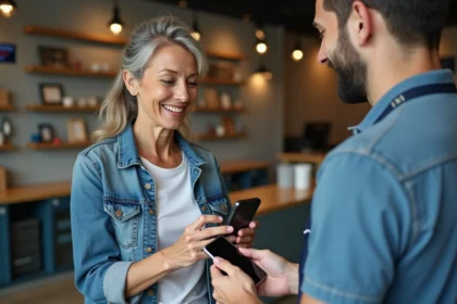 Femme en denim remet son smartphone à un technicien dans un atelier