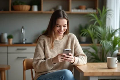 Jeune femme examine un smartphone reconditionne dans un intérieur cosy