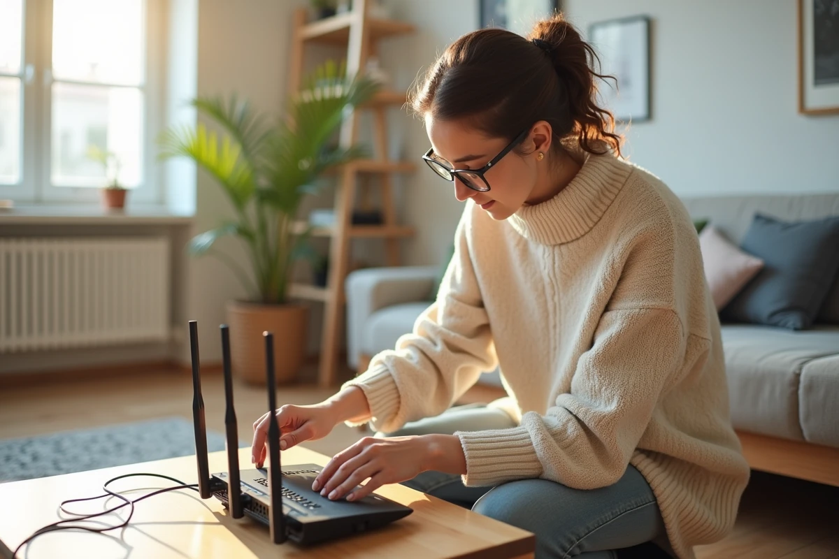 Femme ajustant les câbles du routeur dans un espace de travail lumineux