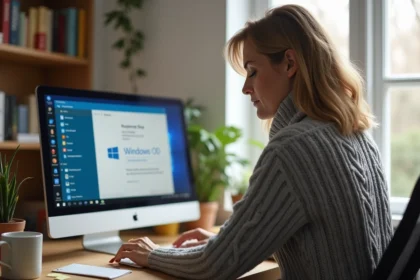 Femme utilisant la fonction de sauvegarde Windows 10 sur un ordinateur de bureau dans un bureau à domicile