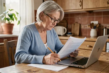 Femme senior apprenant l'informatique avec un cours PDF imprimé et un ordinateur portable sur une table de cuisine