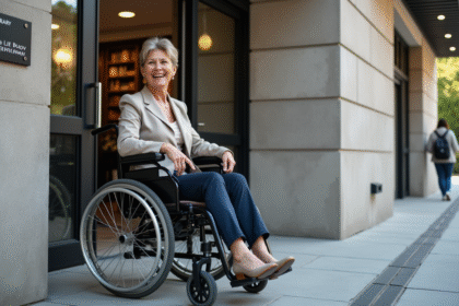 Femme d'âge moyen en fauteuil accessible devant une bibliothèque