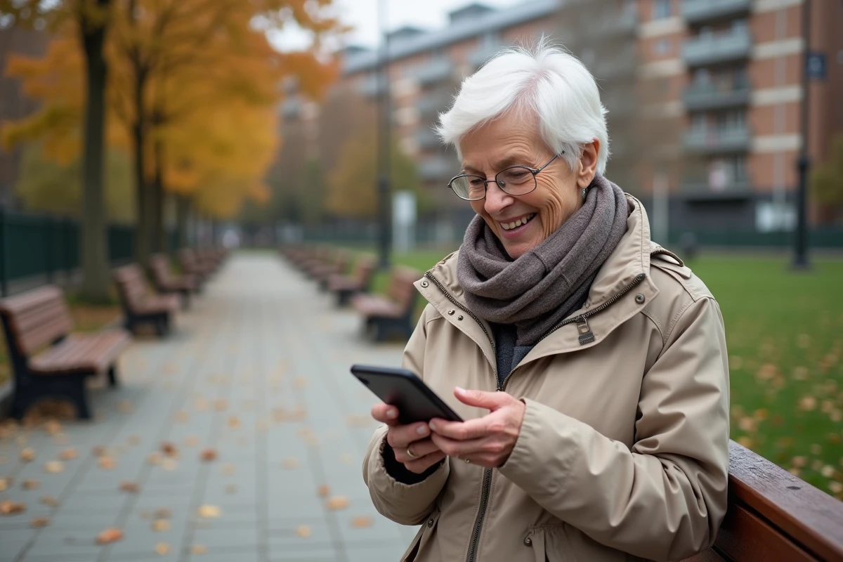Femme senior utilisant un téléphone dans un parc en automne